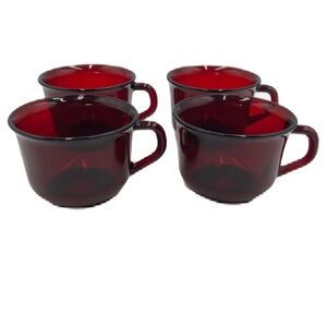 Vintage Ruby Red Glass Set of 4 Mugs Arcoroc France Collectible Glassware